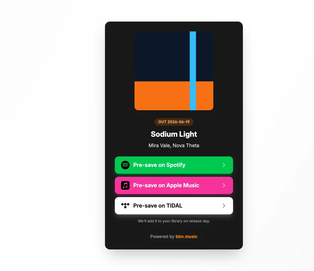 Pre-Save-Page eines Releases mit Buttons pro Store